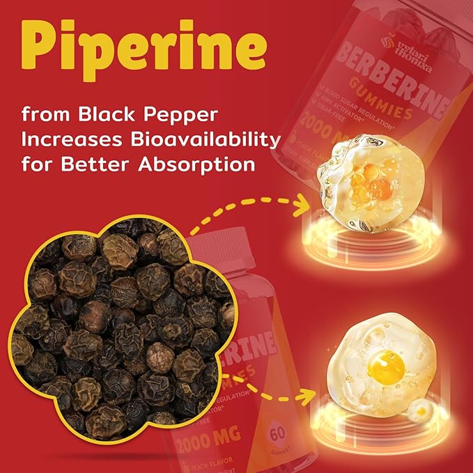 2000mg Berberine Supplement Gummies - High Potency Berberine with Ceylon Cinnamon Candy, Turmeric, Magnesium, Chromium - Sugar Free, Vegan, Non-GMO, Gluten-Free - Peach Flavor 60 Gummies - 1 Pack