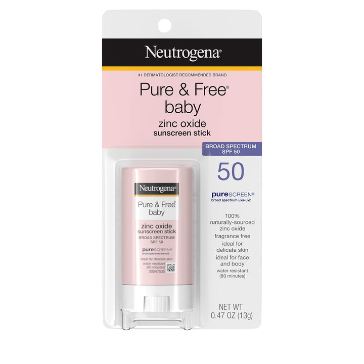 Neutrogena Pure & Free Baby Mineral Sunscreen Stick with Broad Spectrum SPF 50 & Zinc Oxide, Water-Resistant, Hypoallergenic, Paraben-, Dye- & PABA-Free Baby Face & Body Sunscreen, 0.47 oz