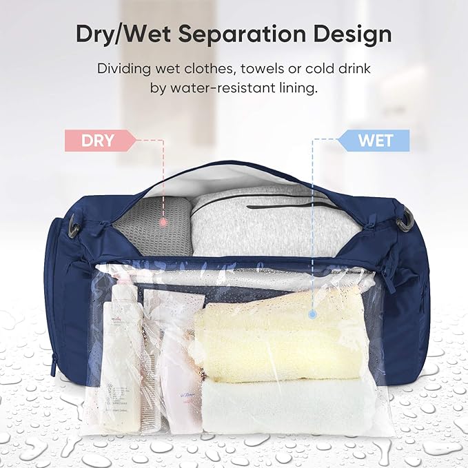 BALEINE Gym Bag for Women and Men, Duffel Bag for Sports, Gyms and Weekend Getaway, Waterproof Dufflebag with Shoe and Wet Clothes Compartments, Lightweight Carryon Gymbag (Blue)