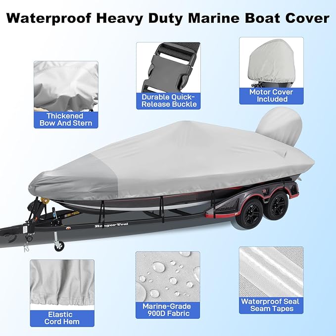 Boat Cover 14-16ft, Bass Tracker Boat Cover with Sand Bag Mooring Kit, 1200D Marine Canvas Waterproof Heavy Duty Boat Covers for 14 feet 15ft 16' Foot V Hull Bass & Runabout Boat,Gray