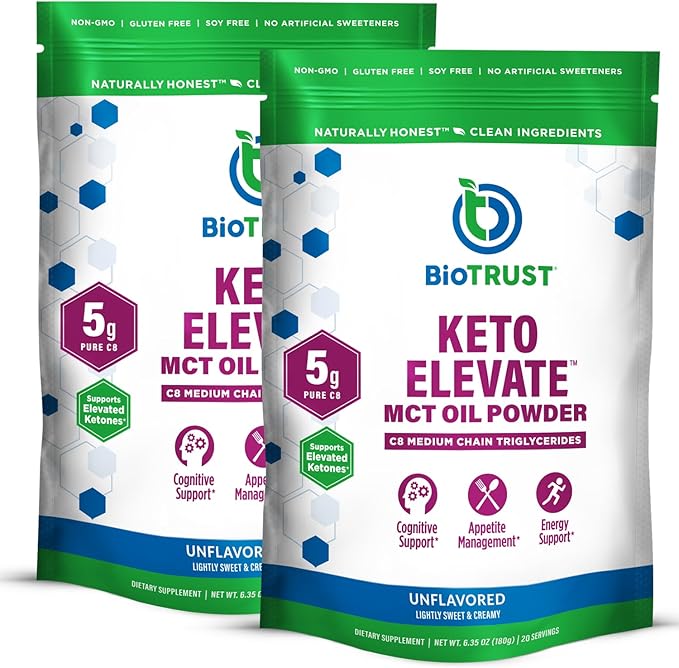 BioTrust Keto Elevate – Pure C8 MCT Oil Powder – Ketogenic Diet Supplement & Paleo Coffee Creamer for Clean Energy, Mental Focus, and Clarity – Non-GMO 100% Caprylic Acid (Unflavored, 40 Servings)