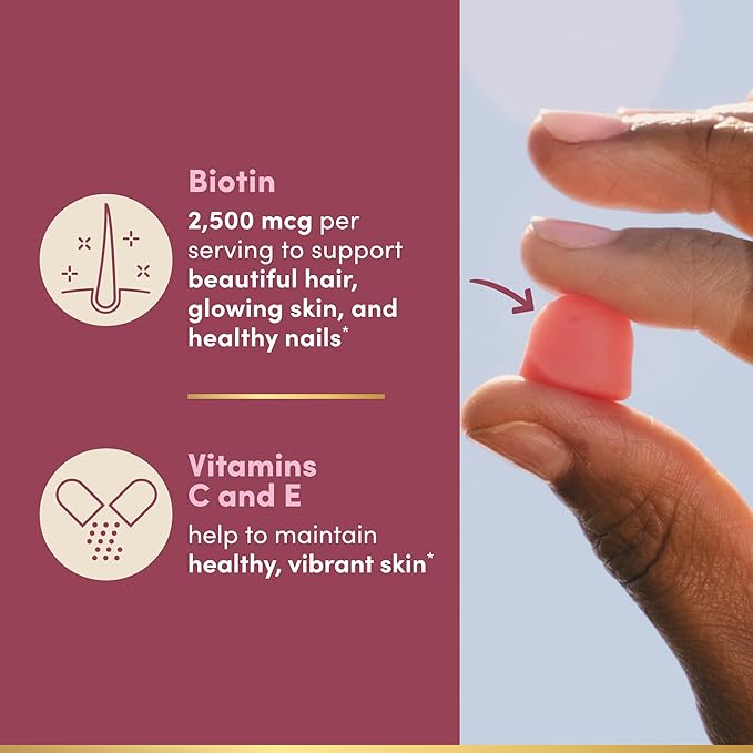 Nature's Bounty Optimal Solutions Hair, Skin and Nails Pectin Gummies, 2500 mcg Biotin Per Serving, No Stick Gummy, Vegetarian Formula, Strawberry Flavor, 200 count, 100 Total Servings