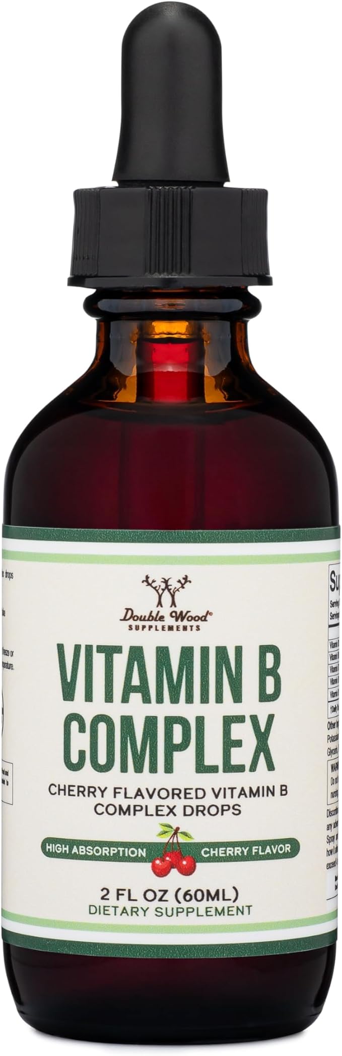 Double Wood Supplements Liquid Vitamin B Complex - 2 Month Supply - Max Absorption - B3, B6, B7 (Biotin), B9, and Vitamin B12 - Cherry Flavor - 2 FL OZ
