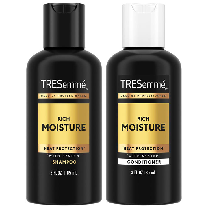 TRESemmé Travel Shampoo & Conditioner, Rich Moisture – Moisturizing Hair Care with Hyaluronic Acid, Paraben-Free, 3 Oz Ea