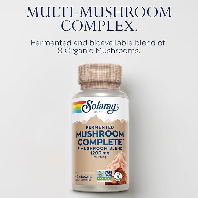 SOLARAY Fermented Mushroom Complete - Organic Chaga, Reishi, Shiitake, Cordyceps, Turkey Tail Mushroom and Lions Mane Supplement Capsules - 8 Mushroom Supplement - Non-GMO, 30 Servings, 60 VegCaps