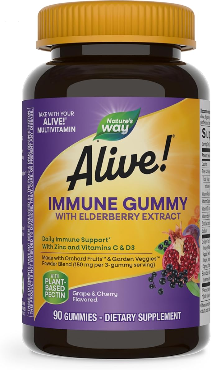 Nature's Way Alive! Immune Support* Gummies with Elderberry Extract, Vitamins C & D3, Zinc, No Gluten, Grape & Cherry Flavored, 90 Vegetarian Gummies (Packaging May Vary)
