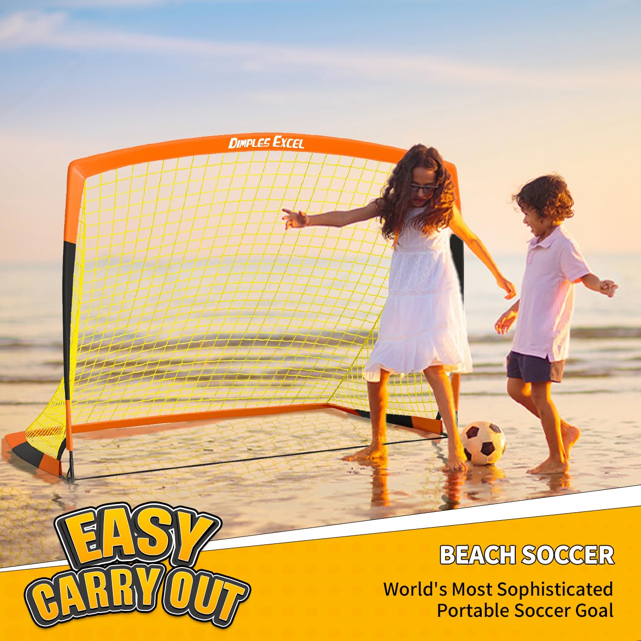 Dimples Excel Soccer Goals Kids Soccer Net for Backyard (7x5 FT 2 Set, Orange Black)