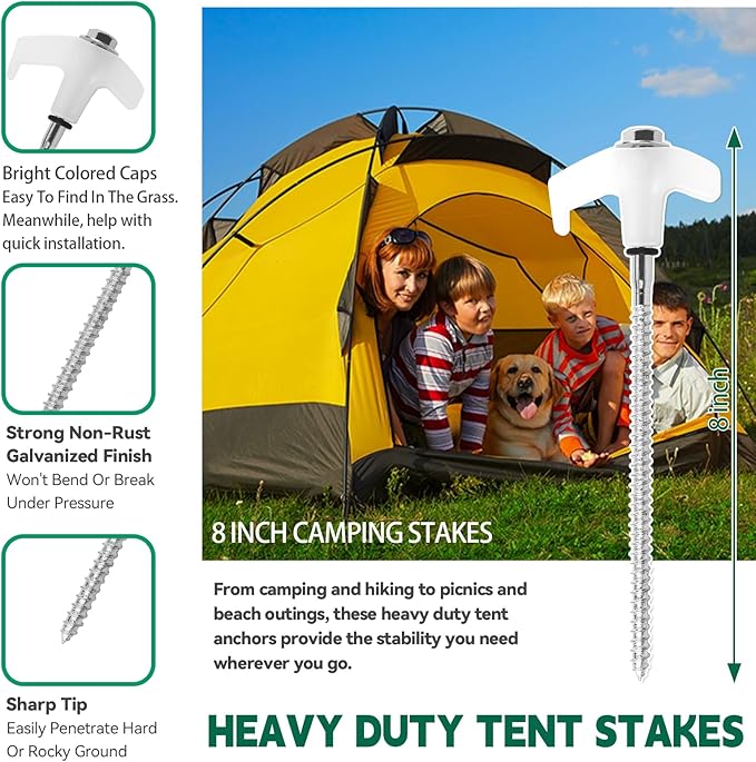 12 Pack 8" Screw in Tent Stakes for Drilling with Hex Heads - Heavy Duty Stainless Steel Tent Pegs/Nails/Spikes, Ground Anchors, Grow in Dark - for Camping, Grassland, Portable Box (White)
