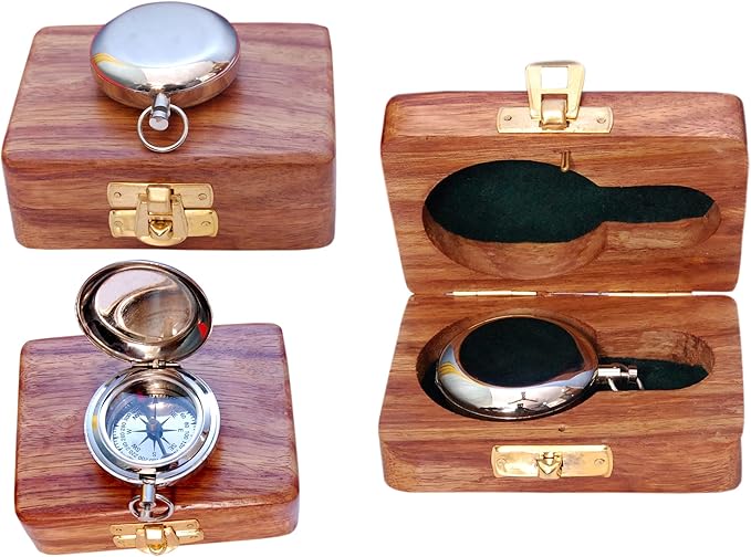 Brass Nautical Compass with Wooden Case - Antique Brass & Copper Sun Clock for Camping, Hiking, Touring - Engraved Gift for Him - Nautical Clock - Compass Gift
