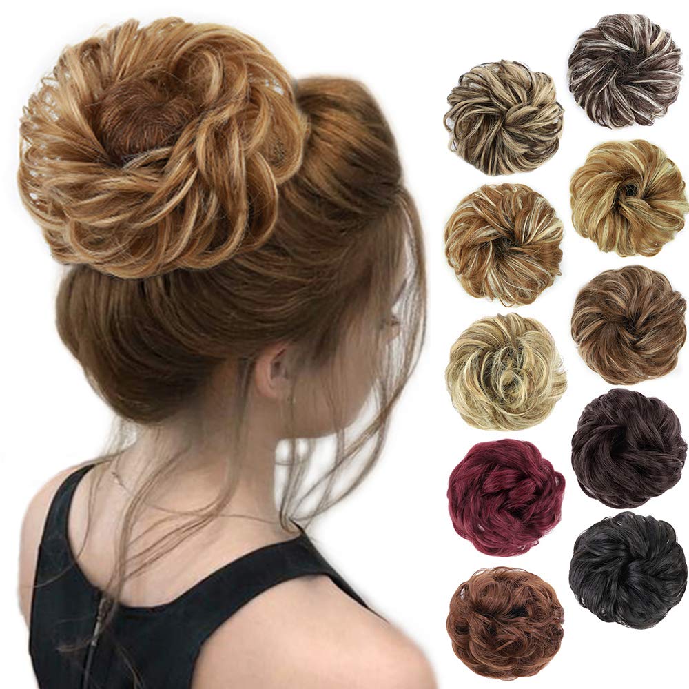 Morica 1Pcs Messy Hair Bun Hair Scrunchies Extension Curly Wavy Messy Synthetic Chignon For Women (Strawberry Blonde & Light Ash