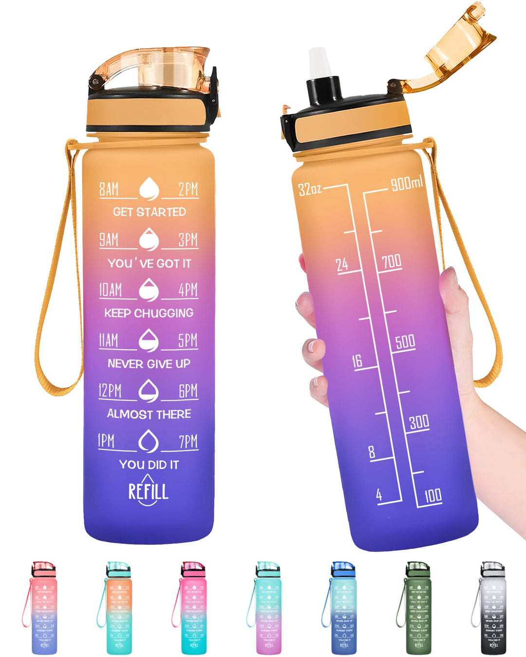 Enerbone 32 oz Water Bottle, Leakproof BPA & Toxic Free, Motivational Water Bottle with Times to Drink and Straw, Fitness Sports Water Bottle with Strap for Office, Gym, Outdoor Sports