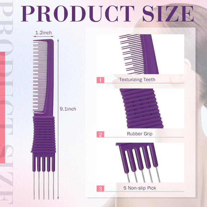 Leinuosen 3 Pack Carbon Lift Teasing Combs with Metal Prong, Hair Pick Comb for Women Hair Styling(Blue, Pink, Purple)
