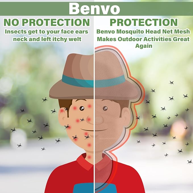 Benvo Mosquito Head Net Mesh One Piece Face Neck Fly Netting Cover from Bugs Gnats Noseeums Hat-Compatible Insect Shield for Fishing, Camping, Gardening (2pcs, Olive, Upgraded Big Net)
