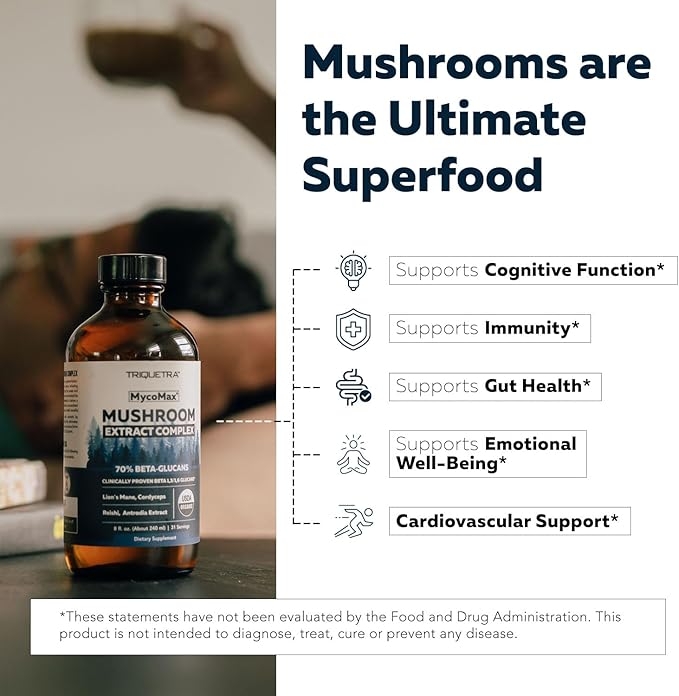 MycoMax Mushroom Complex - 70% Beta Glucans, Max Potency Mushroom Supplement, US Grown + Ultrasonic Extraction - Lions Mane, Cordyceps, Reishi & More - Promotes Cognition, Immunity, Energy - 8 oz.