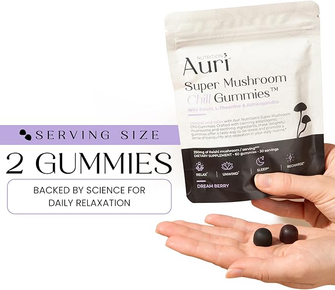 Auri Super Mushroom Chill Gummies - Natural Calming Aid & Stress Reduction Supplement for Adults w/Reishi Mushroom, Ashwagandha, L-Theanine - Unwind Mind & Harmonize Your Day - 60 Calm Gummies