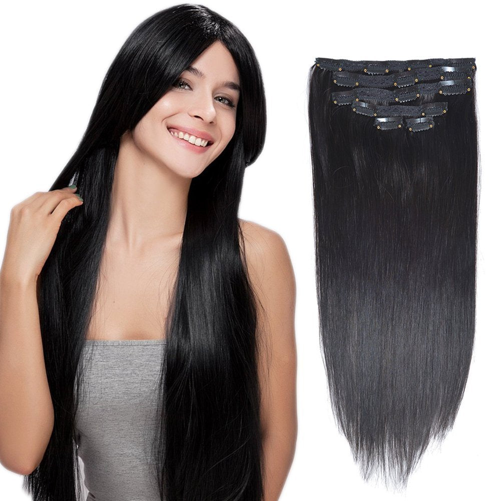 16''Clip In Hair Extensions Real Human Hair Double Weft Thick To Ends Jet Black(#1) 6Pieces 70Grams/2.45Oz
