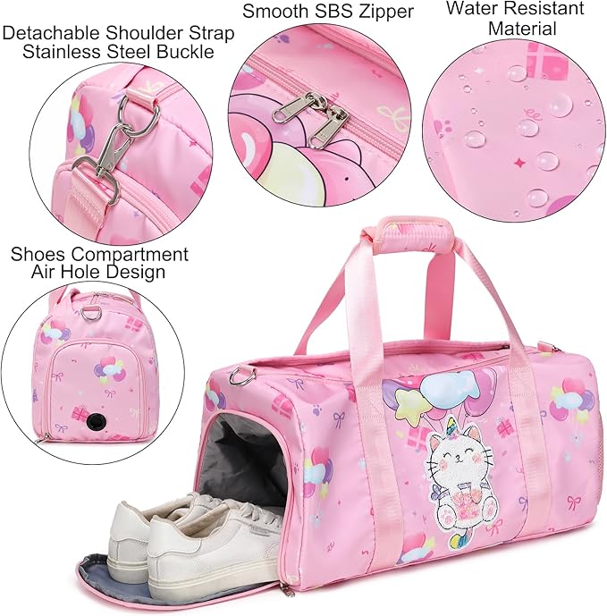 Duffle Bag Girls Kids Cute Cat Dance Bag Gym Bag with Shoes Compartment & Wet Separation Waterproof Sports Overnight Travel Bag