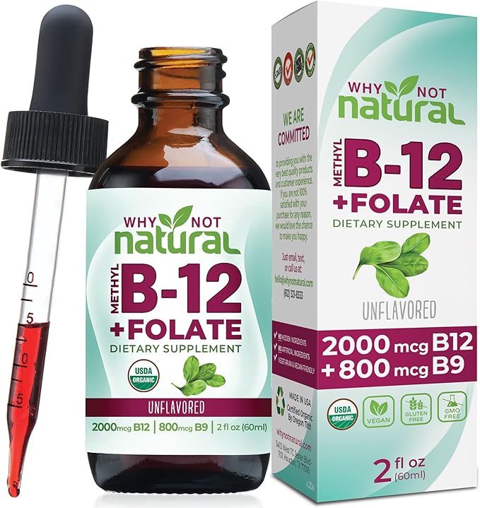 Why Not Natural Vitamin B12 Liquid Plus Folate - Organic Sublingual Extra Strength Vegan Drops - Methyl Supplement with Folinic