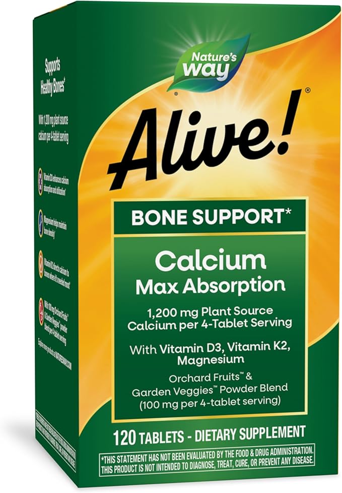 Nature's Way Alive! Calcium Max Absorption, Bone Support*, Plant Source Calcium, Vitamin D3 & K2, Magnesium, 120 Tablets (Packaging May Vary)