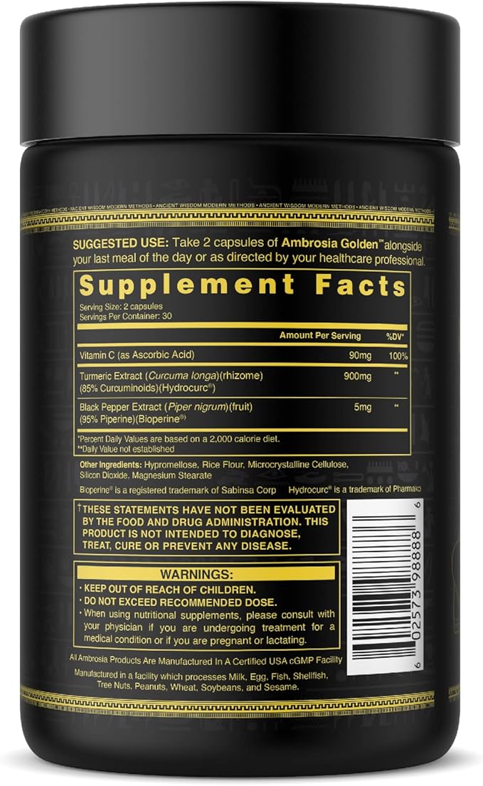 Ambrosia Golden Super Turmeric | Bioavailable Curcumin | Support Healthy Gut & Brain Health | Joint Support | 765mg of Active Curcuminoids | 60 Veggie Capsules (30 Day Supply)