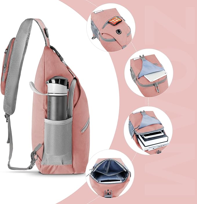 ZOMAKE Sling Bag for Women Men, Small Crossbody Sling Backpack, Mini Water Resistant Shoulder Daypack for Travel, Anti Thief Chest Bag for Hiking, Sports, Pink(new)