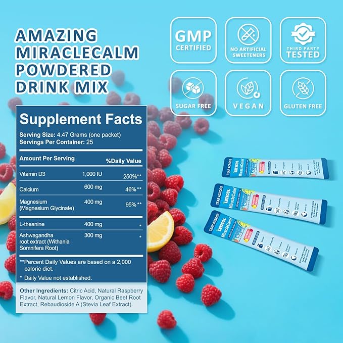 MiracleCalm Drink Mix Powder, Calm Magnesium Calcium Supplement, Cortisol Drink Powdered for Sleep, Relaxed & Focus with Easily Absorbed L-Theanine, Vitamin D3, Ashwagandha, Sugar Free
