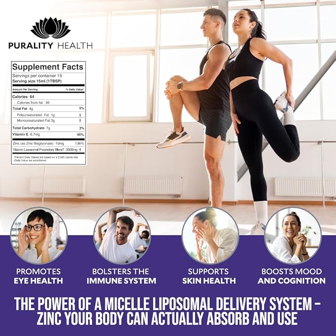 Liposomal Zinc, Purality Health,15mg of Zinc per Serving, Liquid Zinc, Blueberry Flavor, Vegan, Gluten-Free, 15 Day Supply