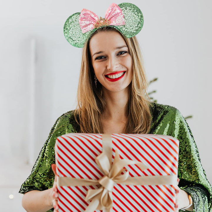 RAZKO Minnie Ears Headband, Sequin Mickey Mouse Ears for Women Girls Hair Accessories (Green Crown L)