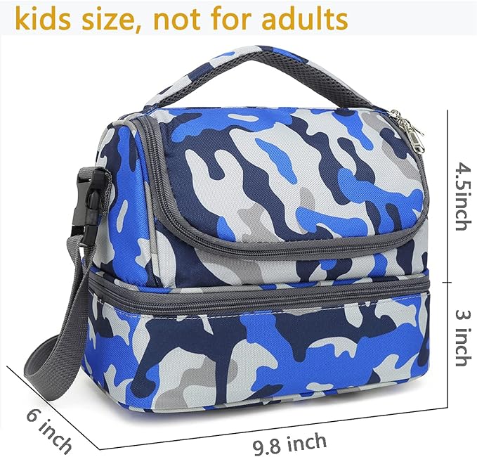 FlowFly Kids Double Decker Cooler Insulated Lunch Bag Large Tote for Boys, Girls, Men, Women, With Adjustable Strap, Blue Camo