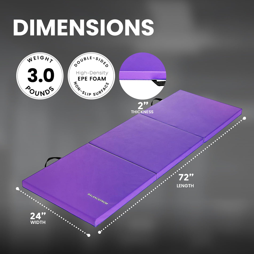 BalanceFrom 2" Thick Tri-Fold Folding Exercise Mat with Carrying Handles for MMA, Gymnastics and Home Gym Protective Flooring (Purple)