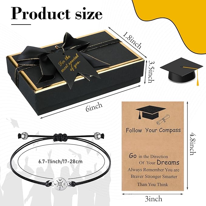 Compass Gift Set Engraved Compass with Chain Souvenir Present Bracelet with Greeting Card Walnut Wooden Box Gift Box for Women Men Friends Party Souvenir Favors