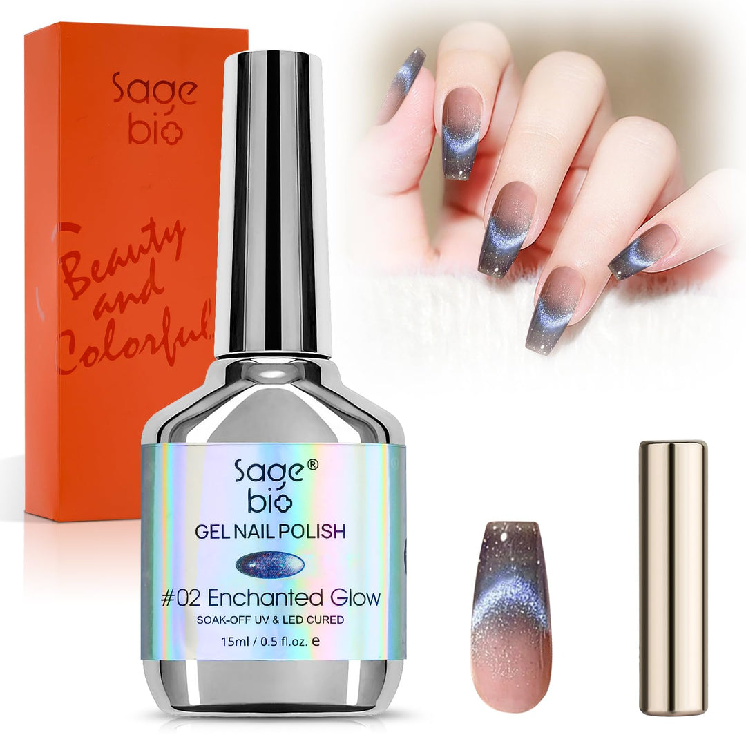 SAGEBIO Crushed Diamond Cat Eye Gel Nail Polish with Magnet Stick, 15ml Holographic Glitter Gel, Ideal for DIY Nail Art, Enchanted Glow