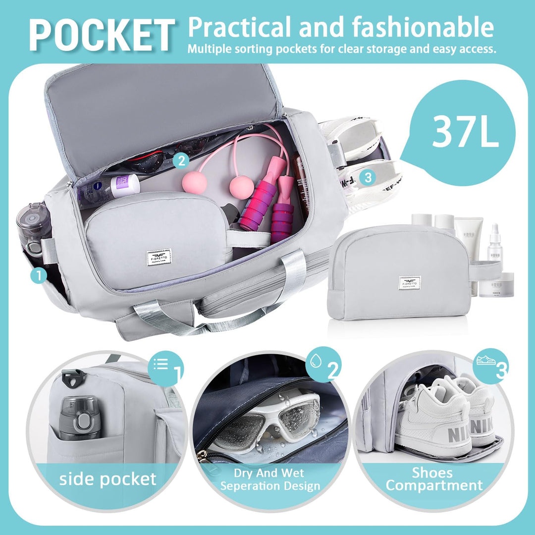 FIORETTO Women's Water-Resistant Gym Duffle Bag with Shoes Compartment, 37L Capacity, Multi-Functional, Ideal for Travel, Gym, Sports, Weekender, with Toiletry Bag, Grey