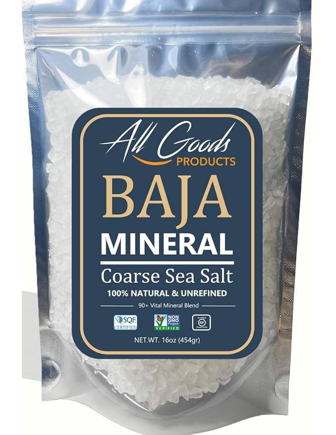 All Goods Products Baja Mineral Coarse Grain Sea Salt, 16 oz Natural Salt from Mexico, Unrefined, Hand-Harvested, Loaded with 90+ Essential Minerals, Kosher, 30% Low Sodium.