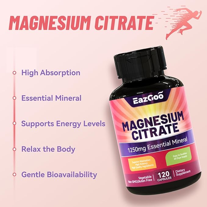 Magnesium Citrate Capsules 1250mg, High Absorption Magnesium Citrate Supplement with Elemental Magnesium, Extra Strength Magnesium Supplement, Non-GMO, Gluten-Free, 120 Vegetable Capsules