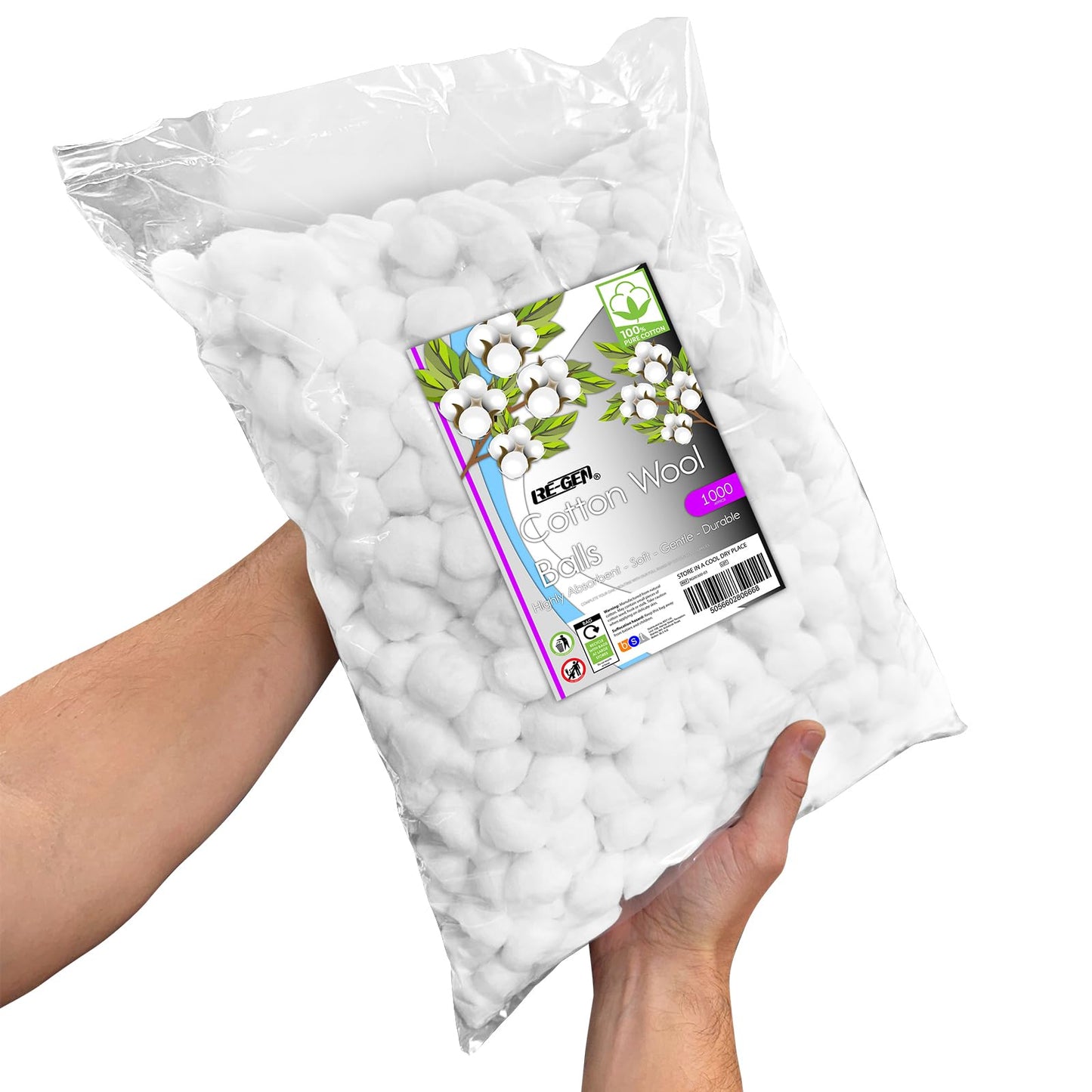 1000pc Pack, RE-GEN 100% Natural Cotton Wool Balls Healthcare Dressing Cleaning Cotton Wool Pads | Ideal for First Aid, Health & Beauty, Personal Care, Cosmetics