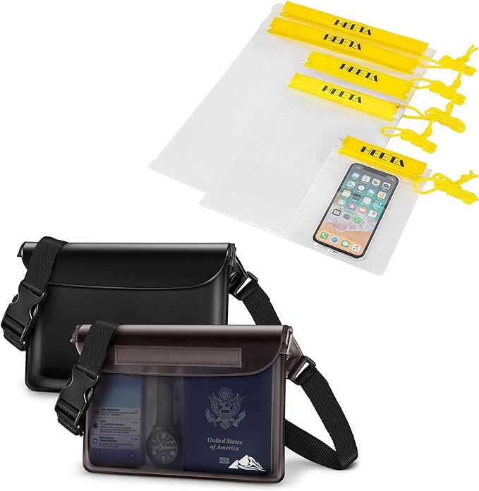 HEETA Waterproof Pouch, Screen Touch Sensitive Waterproof Bag Black & Gray Bundled with 5-Pack Clear Waterproof Dry Bag