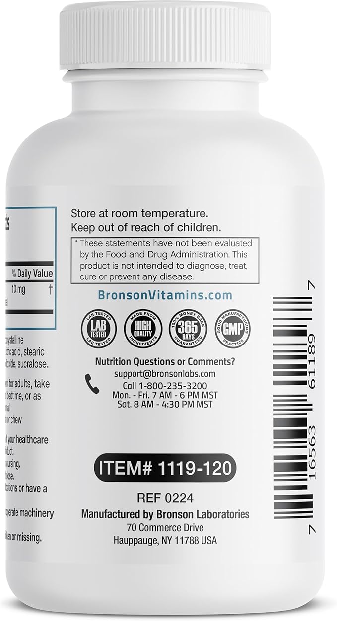 Bronson Melatonin 10mg Fast Dissolve Cherry Flavored Tablets Vegetarian Chewable Lozenges, 120 Count