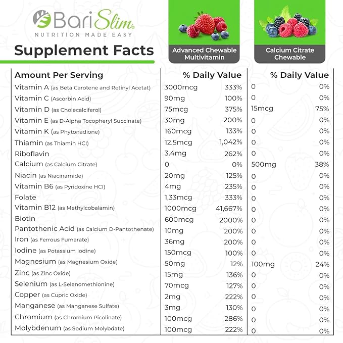 BariSlim Bariatric Calcium Citrate & Advanced Chewable Bariatric Multivitamin with Iron - Bariatric Vitamin and Supplement for Post Bariatric Surgery Including Gastric Bypass and Gastric Sleeve