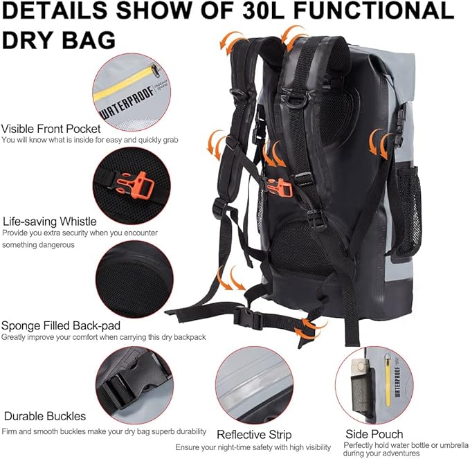 Blueshyhall 30L Waterproof Dry Backpack, Outdoor Travel Roll Top Closure Water Repellent Duffle Storage Sack for Kayaking Rafting Boating Fishing Camping and Beach - Grey