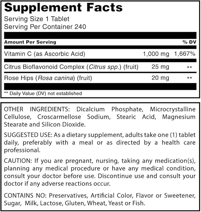 Amazing Formulas Vitamin C with Rose HIPS and Citrus Bioflavonoids | 240 Tablets Supplement | Non-GMO | Gluten Free | Made in USA