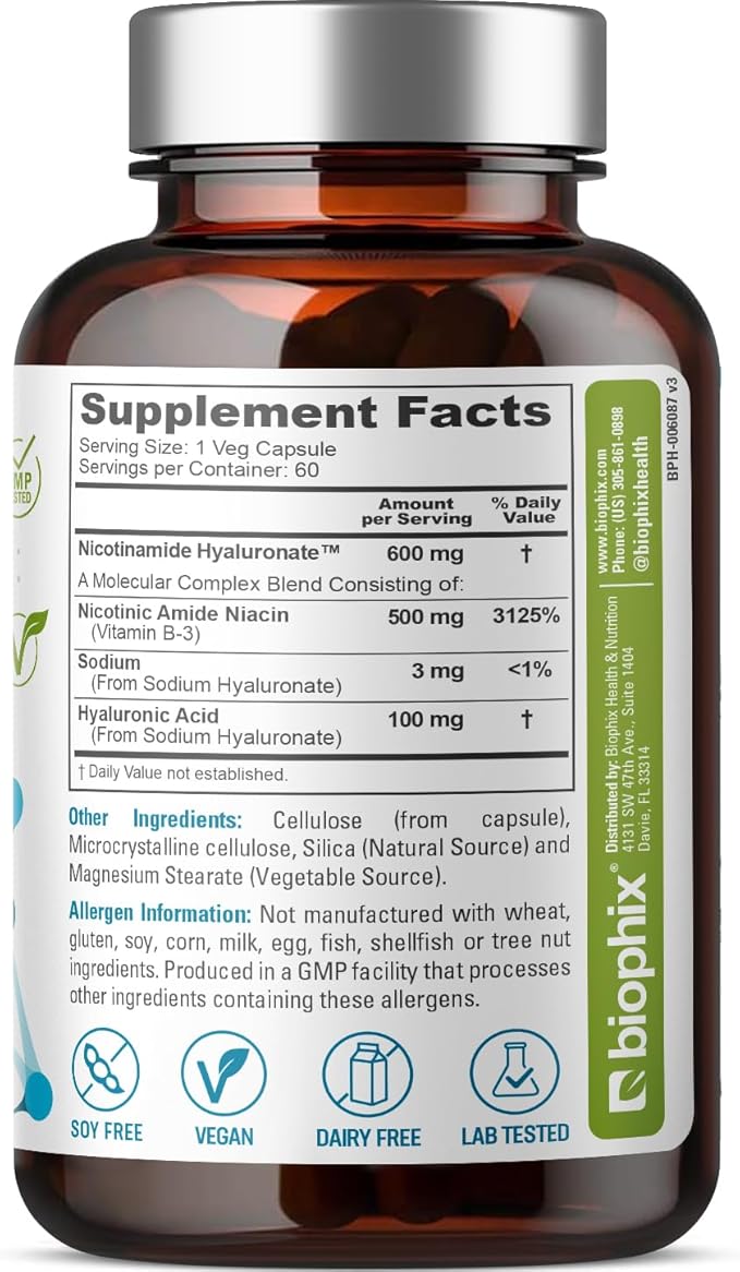 biophix B-3 Nicotinamide Hyaluronate 600 mg 60 Vcaps - Hyaluronic Acid Natural Flush-Free Nicotinic Amide Niacin - Supports Skin Cell Health