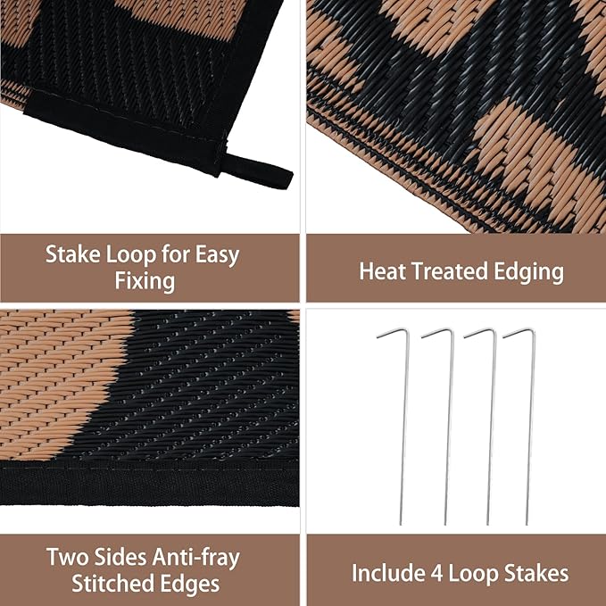 Anidaroel Outdoor Rugs 6x9ft for Patios Clearance Waterproof, Reversible Tropical Plastic Straw Camping Mat Outside Rug, Large Outdoor Area Rug for RV,Deck, Balcony, Picnic(Black/Brown,6'x9')