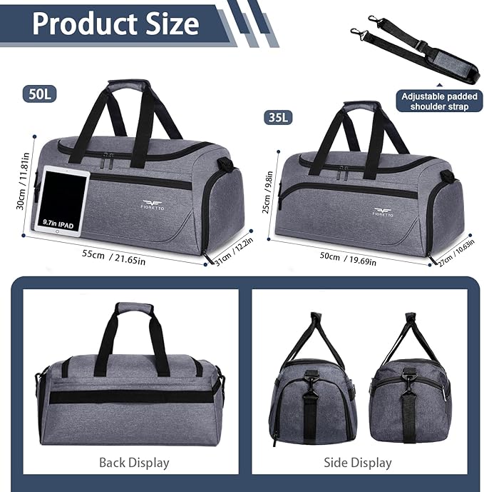 FIORETTO 35L Mens Sports Gym Duffle Bag with Wet Pocket & Shoe Compartment, Overnight Weekender Bag with Padded Shoulder Strap, Ideal for Travel, Gym, Sports, Swimming, Grey
