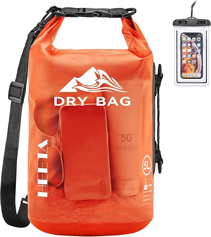 HEETA Dry Bag Waterproof for Women Men, 5L/10L/20L/30L/40L Roll Top Lightweight Dry Storage Bag Backpack with Phone Case for Travel, Swimming, Boating, Kayaking, Camping & Beach, 11 Transparent Colors