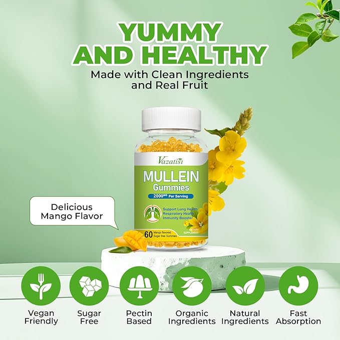 Mullein Gummies, Mullein Leaf Extract with Bromelain, Quercetin, Pine Bark Support Lung Cleanse for Healthy Breathing, 120ct