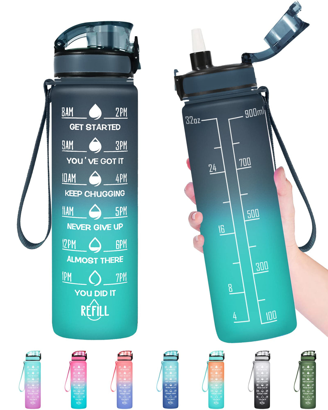Enerbone 32 oz Water Bottle, Leakproof BPA & Toxic Free, Motivational Water Bottle with Times to Drink and Straw, Fitness Sports Water Bottle with Strap for Office, Gym, Outdoor Sports