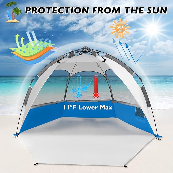 Beach Tent Pop Up Shade, Instant Beach Tents Sun Shelter with UPF 50+ UV Protection, Lightweight & Easy Setup Tent 2-6 Person