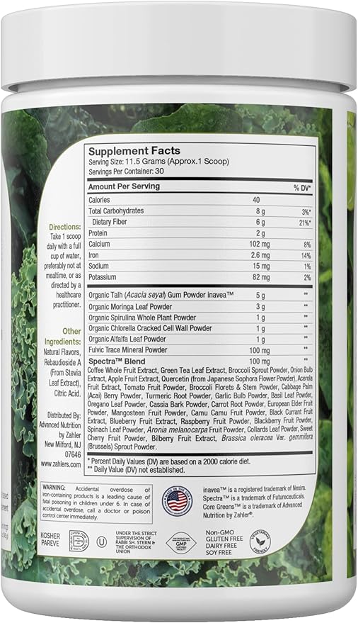 Zahler Core Greens Powder Nutrition Supplements - Superfood Powder - Super Green Juice & Smoothie Mix - Phytonutrient Rich Super Greens Powder with Spirulina, Chlorophyll & More - Kosher Superfood