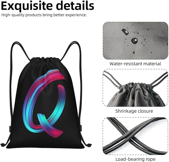 Drawstring Bags Initial Drawstring Backpack Sackpack Black Draw String Cinch Bags for Sports, Gym, Travel, Swimming, Beach, Camping, Rainbow Letter Q